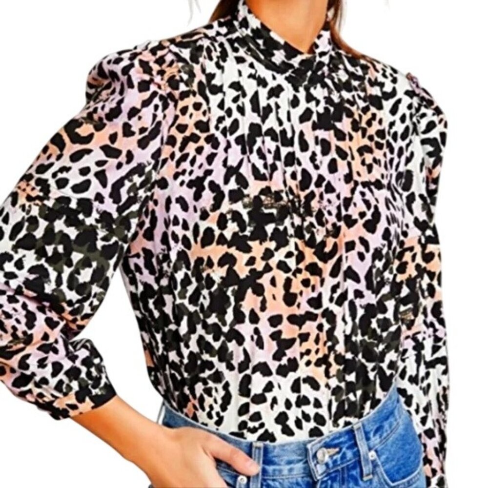 Veronica Beard Top Size 10 Lety Leopard‎ Print Silk Blend Blouse
